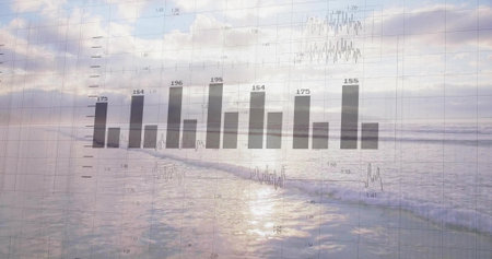 Displaying vertical bar chart overlay across coastal seascape, showing numbered bars, gridlines....