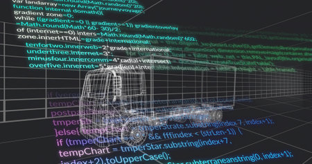 Rendering wireframe truck tractor cab chassis floating in virtual 3D grid tunnel, neon code overlay. Cyber, holographic, fluorescent, digital, depth, perspective, machineryの写真素材