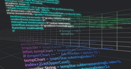 Floating monospaced code and wire grid receding left in 3D, showing green waveform and planes. Datavisualization, neon, holographic, perspective, depth, mesh, glowの写真素材