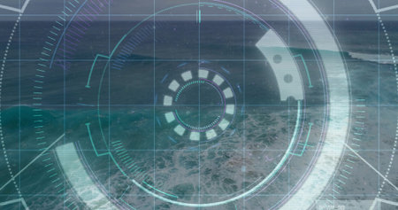 Overlaying circular HUD scanning coastal ocean from elevated view, showing reticle, breaking waves. Interface, scanner, grid, sea, horizon, aerial, coastlineの写真素材