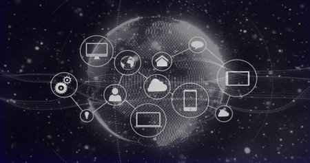 Displaying dotted globe linking network icons, dotted lines, waves, dots on navy backdrop....