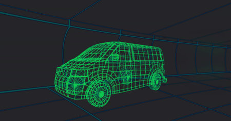 Showing neon-green wireframe van model revealing mesh and wheels in dark VR studio, cyan grid....