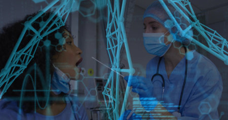 Swabbing clinician in blue scrubs mask gloves swabbing seated patient at clinic, with cyan overlay. Healthcare, diagnostic, testing, examination, clinical, molecular, dnaの写真素材