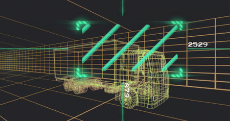 Rendering wireframe semi-truck and trailer moving through orange grid corridor, with HUD 2529. Schematic, visualization, futuristic, vehicle, 3d, cad, neonの写真素材