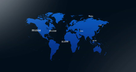 Displaying stylized world map graphic centered on dark navy gradient, showing white numeric labels. Continents, silhouettes, blue, data, analytics, visualization, dashboardの写真素材