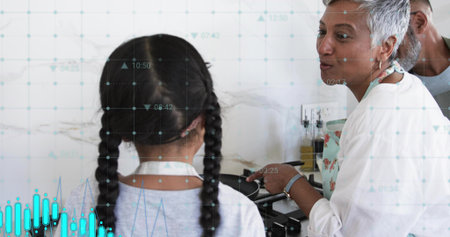 Watching child with braided pigtails learning at kitchen stove, apron, frying pan. Family, home,...