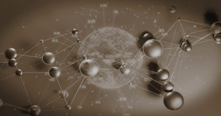 Rotating textured central globe linking metallic nodes with thin lines in 3D view, data labels....