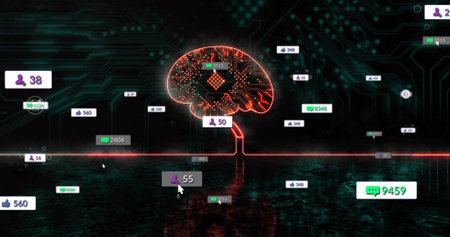 Glowing circuit brain icon pulsing above glossy plane, with neon trunk, hovering cursor and metrics....