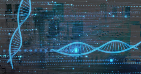 Displaying dual cyan DNA helices across research lab, showing holographic data over benches....