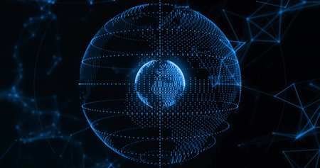 Rotating nested spheres glowing in digital void, showing dotted wireframe and glowing core....
