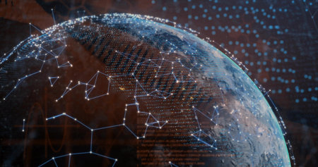 Showing holographic Earth globe in virtual space, displaying network nodes, hex grid, data streams. Planet, digital, futuristic, connections, visualization, neon, telemetryの写真素材