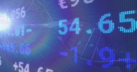 Glowing cyan-blue dot-matrix digits showing 54.65 pulsing on trading screen, with lens flare. Ticker, neon, glow, dashboard, finance, analytics, futuristicの写真素材