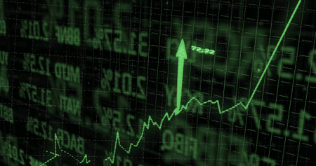 Showing green dotted trend line and large upward arrow rising on market display, grid overlay....