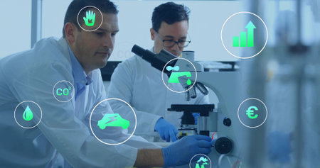 Peering techs white coats blue gloves using scope handling slide in lab with floating green icons....