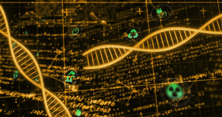 Displaying golden DNA helix occupying center in lab visual, with luminous rungs and green icons. Genetics, genomics, molecules, neon, luminous, abstract, visualizationの写真素材