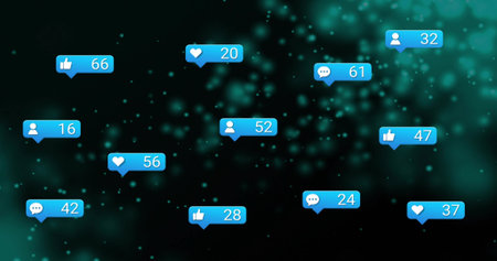 Floating blue notification bubbles moving over dark teal gradient showing numeric badges and icons. Network, glow, bokeh, abstract, interface, dashboard, engagementの写真素材