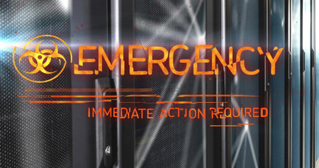 Displaying bright orange emergency HUD overlay over server racks in server room. Datacenter,...