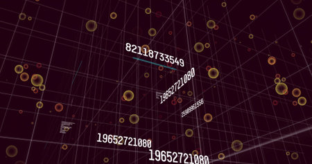 Floating central white numbers receding within 3D wireframe grid, showing spheres. Data,...