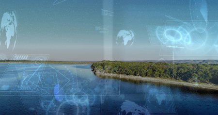 Showing low wooded peninsula projecting into calm estuary at coast, displaying holographic overlays....
