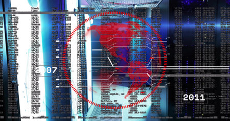 Displaying red North America map inside dashed ring in data center, showing nodes, code, 2007 2011....