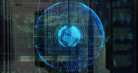 Rotating blue holographic globe emitting data streams in server room, with HUD overlays and racks....