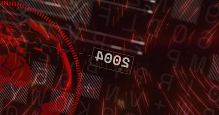 Displaying central label showing inverted '2004' in broadcast, with globe, radar ring, red streaks....