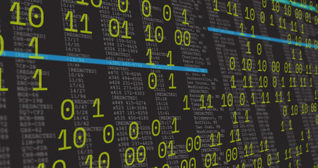 Displaying code overlay on monitor at desk, showing green binary, cyan bars. Futuristic, neon,...