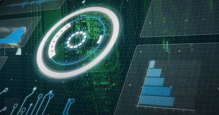 Projecting circular HUD floating over dark grid, showing circuitry tower and blue bar chart. Holographic, interface, dashboard, futuristic, cybernetic, visualization, circuitsの写真素材