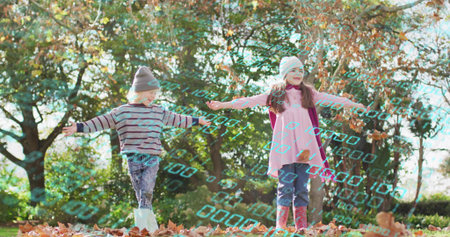 Playing two kids with arms spread at park, in beanies, boots, falling leaves, binary overlay....