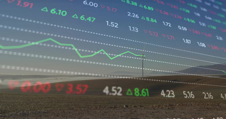 Displaying transparent market overlay moving over plowed field with utility pole, green line chart. Finance, data, visualization, infographic, agriculture, rural, landscapeの写真素材