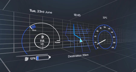 Projecting digital vehicle HUD over wireframe 3D grid, showing range 114 km, Destination 35km arrow....