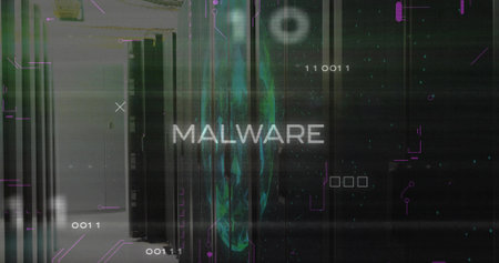 Glowing text hovering over teal skull glyph in server room, showing binary digits. Cyber, glitch, digital, neon, futuristic, ui, visualizationの写真素材