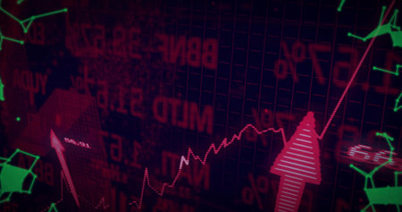 Displaying red jagged line chart with striped arrows on dark grid trading screen, neon green shapes. Uptrend, volatility, dashboard, visualization, abstract, digital, financeの写真素材
