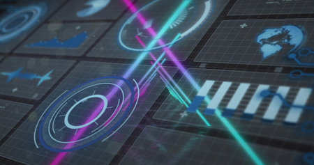 Displaying holographic HUD showing concentric rings, radial ticks on grid panel, neon beams, gauge....
