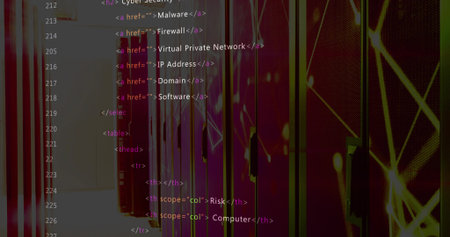 Glowing server racks and cabinets displaying colored LEDs in dim data center aisle, code overlay....