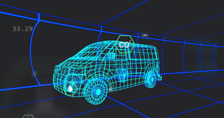 Displaying wireframe van model occupying centered tunnel corridor, showing blue floor grid, HUD CO2. Cyan, mesh, vehicle, diagnostic, simulation, visualization, futuristicの写真素材