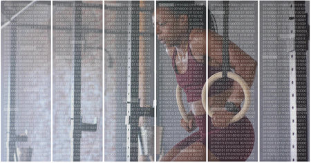 Standing woman in dark tank top raising arm in studio, metal poles, binary overlay, copy space. Minimalist, industrial, monochrome, portrait, female, interior, digitalの写真素材