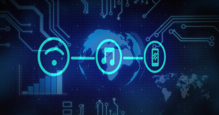 Displaying neon signal, music, phone icons linking by glow line over globe in tech UI circuits. Earth, connectivity, network, wireless, cyan, grid, circuitryの写真素材