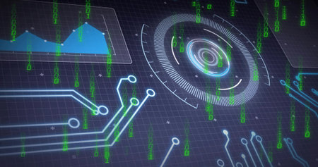 Displaying concentric HUD on dark grid, showing blue circuits, green binary and translucent chart....
