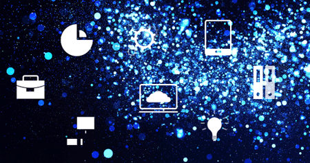 Displaying white tech and business icons floating over blue sparkling background, with laptop cloud. Data, analytics, dashboard, vector, abstract, digital, bokehの写真素材