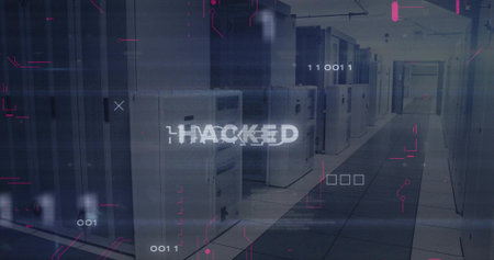 Displaying foreground server cabinet centering in cold-aisle data center, with HUD overlay. Rack,...