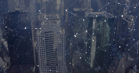 Hovering skyscrapers displaying digital network across downtown, with rooftop units, antennas....