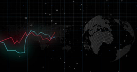 Displaying dotted world map, globe, teal or red line charts and glowing red endpoint on dark grid....