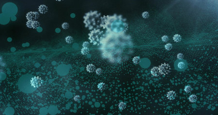 Showing spiky spherical particles drifting in lab micro scene, with bokeh discs, mist, bright flare. Aerosol, visualization, nanoscale, depth, glow, tealの写真素材