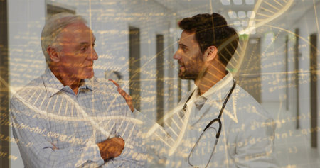 Comforting clinician in lab coat placing hand on senior in clinic corridor, stethoscope DNA overlay. Doctor, patient, hallway, reassurance, empathy, dialogue, clinicalの写真素材