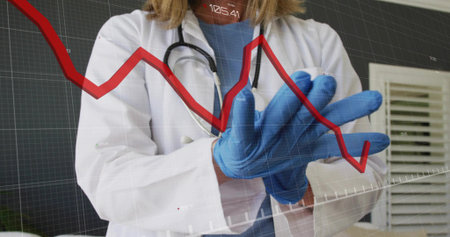 Adjusting doctor donning blue gloves, lab coat in exam room, with stethoscope and red graph overlay....