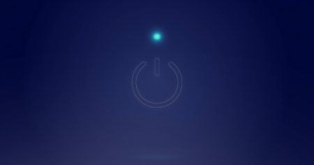 Glowing power icon hovering on deep blue gradient canvas, displaying thin outline and cyan orb. Minimal, abstract, ui, digital, nocturnal, halo, vignetteの写真素材