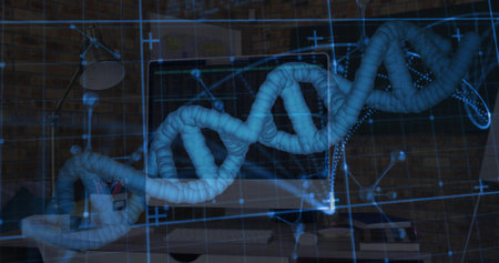 Hovering DNA double-helix hologram showing blue AR grid over desk with monitor, molecular model....