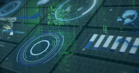 Displaying holographic data panels in 3D command hub, showing radar HUD, chart, globe. Futuristic,...