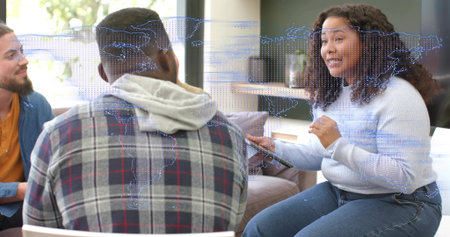 Speaking adult woman presenting in lounge, holding tablet, blue map overlay, copy space....